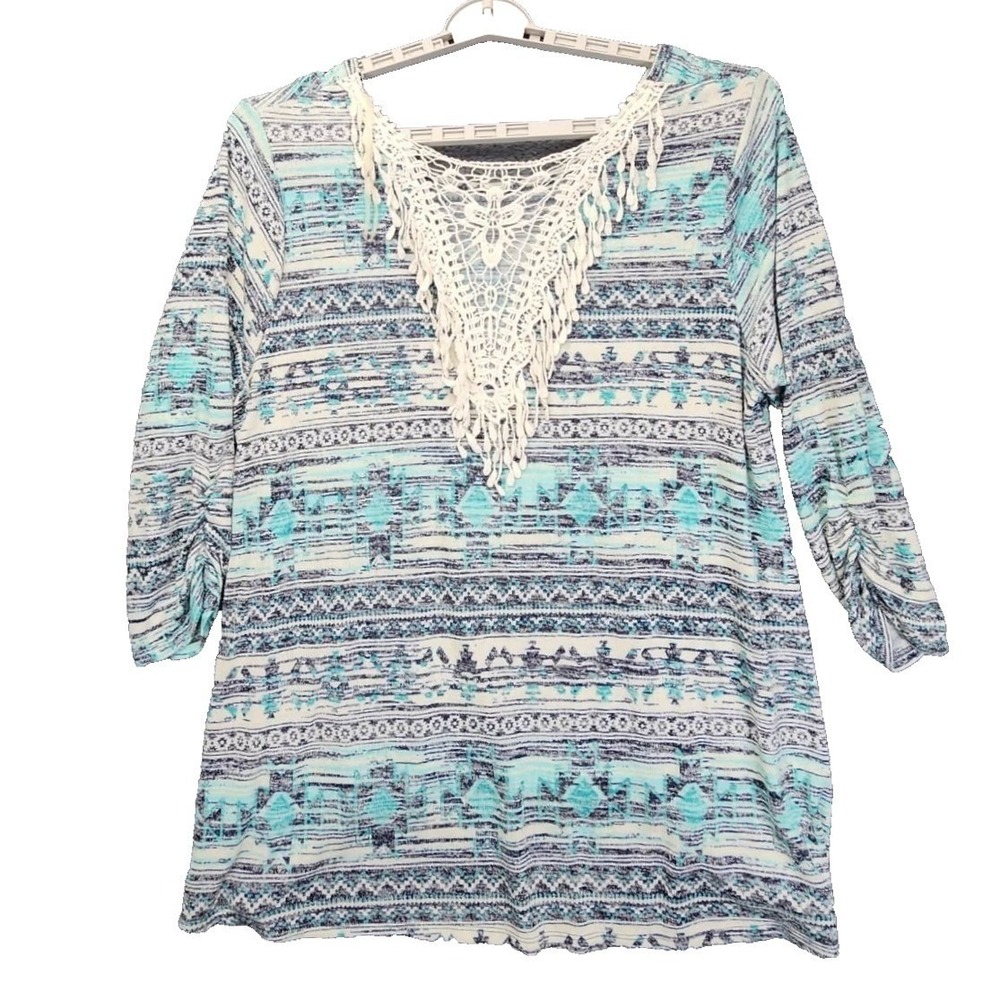 Southwestern Tribal Print Top Turquoise Crochet Lace‎ Tassel Back High Low XL